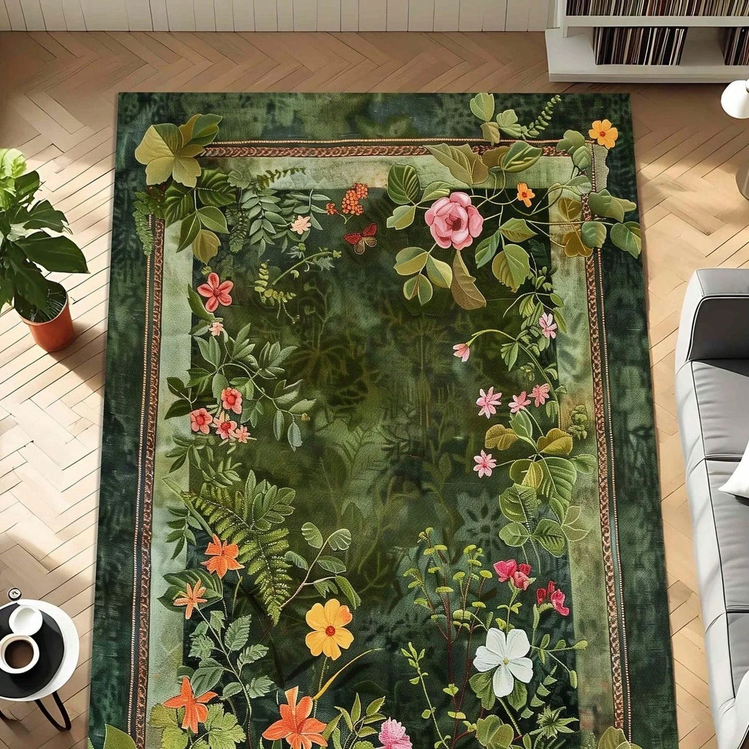 Jade Plant Carpet, Vintage Floral Garden Carpet, Green Plant Floor Decoration Mat for Living Room and Bedroom.