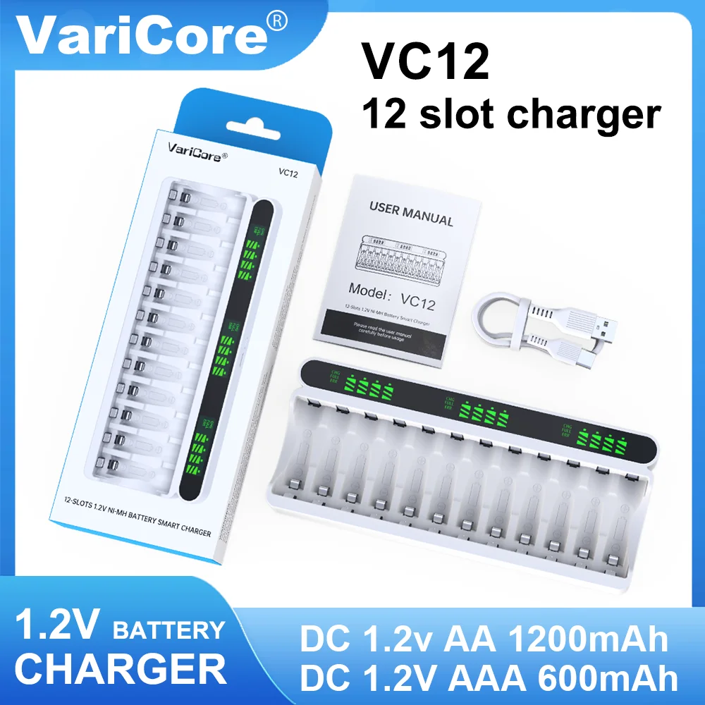 

2025 VariCore VC12 12-Slot Smart Charger for Ni-MH AA AAA 1.2V Batteries with LCD Screen & USB-C TYPE-C