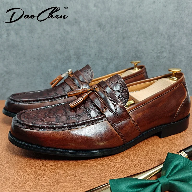 Luxury Mens Casual Leather Shoes Genuine Leather Moccasin Loafers Italian Crocodile Print Tassels Dress Shoes Men Shoes