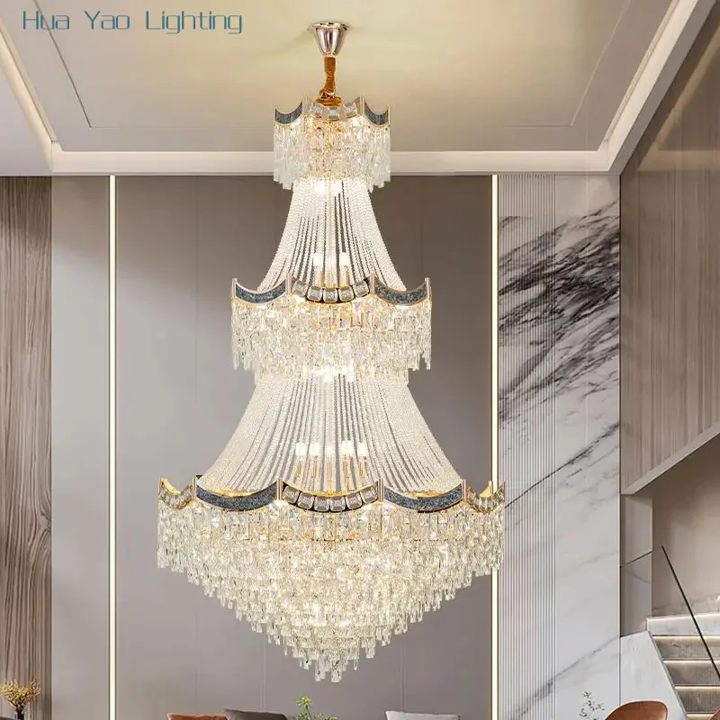 Duplex Building, Large Chandelier, Villa, Living Room Light, Mid Floor Cantilevered Modern Light Luxury Crystal Long Chandelier