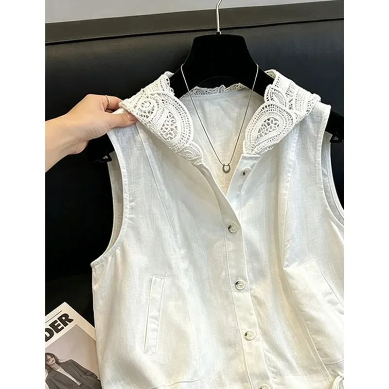 2026 Summer New Women's Vest Waistcoat Gentle and Romantic Style Strap Lace Hooded Button Flax Sleeveless Vest jacket coat