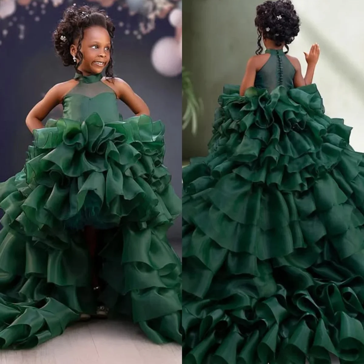 

Green Long Girl's Birthday Party Dress Tiered Tulle High Neck Flower Girls Dresses for Wedding Customized Girl Photo Shoot Gown