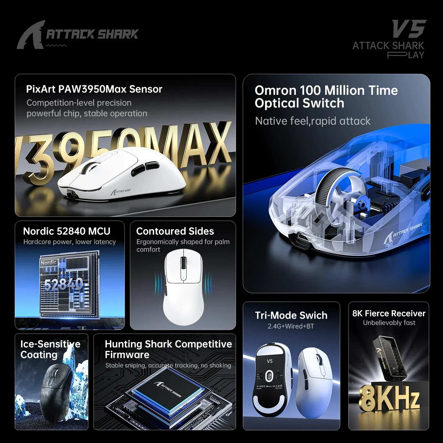 ATTACK SHARK V5 Original Wireless Gaming Mouse PAW3950MAX 42000 DPI 8K Polling Tri-Mode Bluetooth 2.4G Wired Pro Esport Mouse