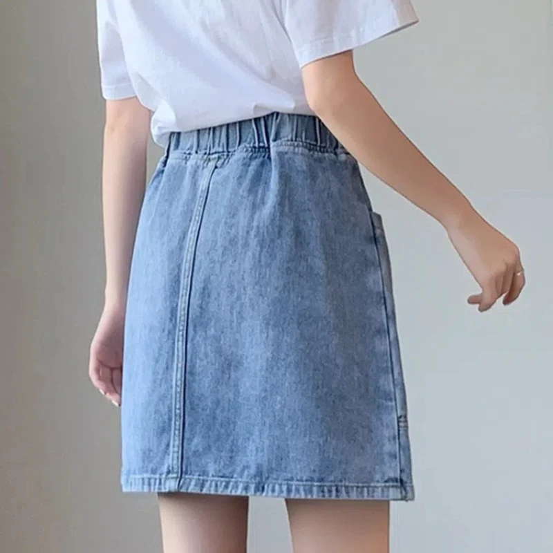 Korean Fashion Summer Women\'s Elastic Waist Solid Color Pocket Button Simplicity Versatile Loose Casual Straight Cowboy Skirts