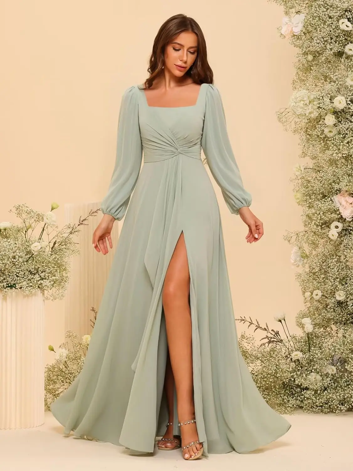 فساتين وصيفة العروس بأكمام طويلة للنساء من A Line مع شق 2025 مطوي من الشيفون للحفلات المسائية الرسمية DE521 فساتين سهرة