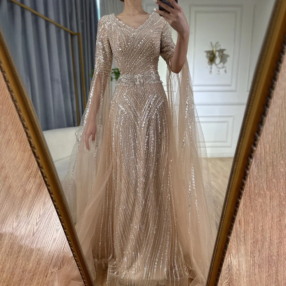 Serene Hill Customized 2025 Caramel A-Line Beaded Saudi Arabic Evening Dress with Cape Sleeves for Wedding Party BLA72798