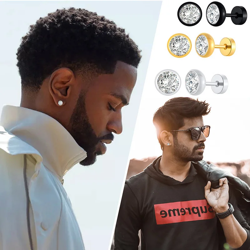 Studs elegantes de cristal em aço inoxidável para homens e mulheres, brincos Tragus, zircônia cúbica clara redonda, jóias simples na moda, 2 peças