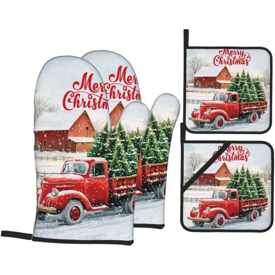 

Merry Christmas Pot Holders and Oven Mitts 4pcs Winter Pine Trees Kitchen Oven Mitts Sets Non-Slip Heat Resistant Red