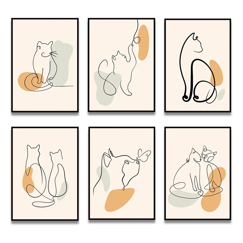 Northern Europe  One Line Cat Minimalist  Canvas Painting Posters and Printing Murals A Living Room and Bedroom Home Decorati