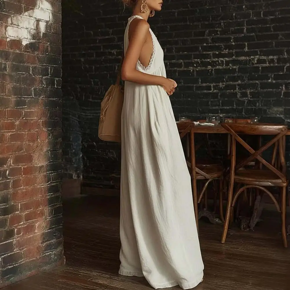 Women Jumpsuit Jumpsuit Sexy Lace Trim Halter Jumpsuit for Women V-neck Sleeveless Romper Wide Leg Summer Beach Vacation Outfit