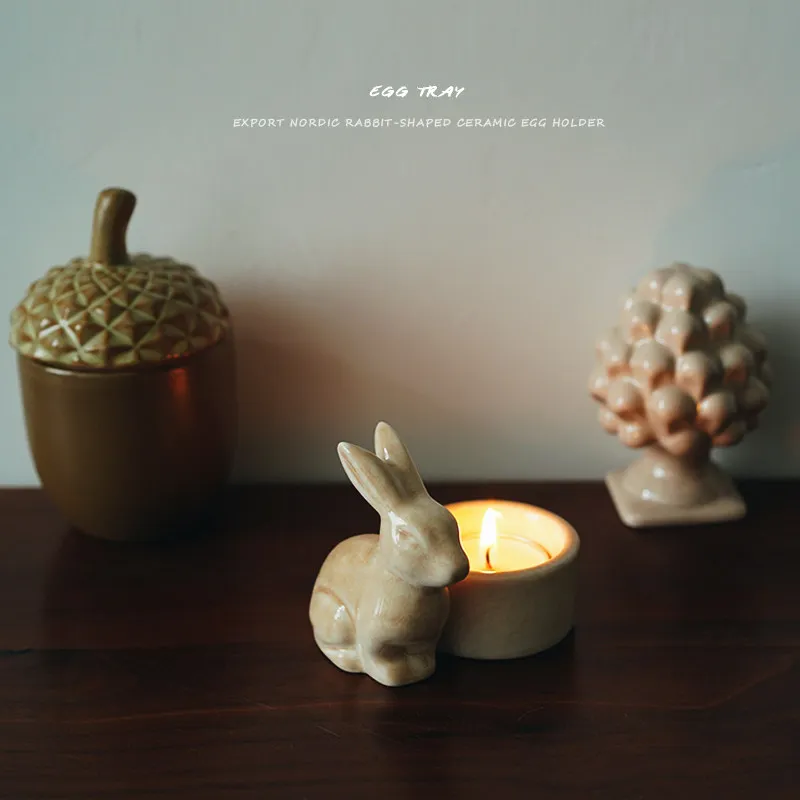 Ceramic Gray Rabbit Candlestick Heat Resistant White Cartoon Animal Candle Holder Nordic Style Desktop Candelabrum Bed Room