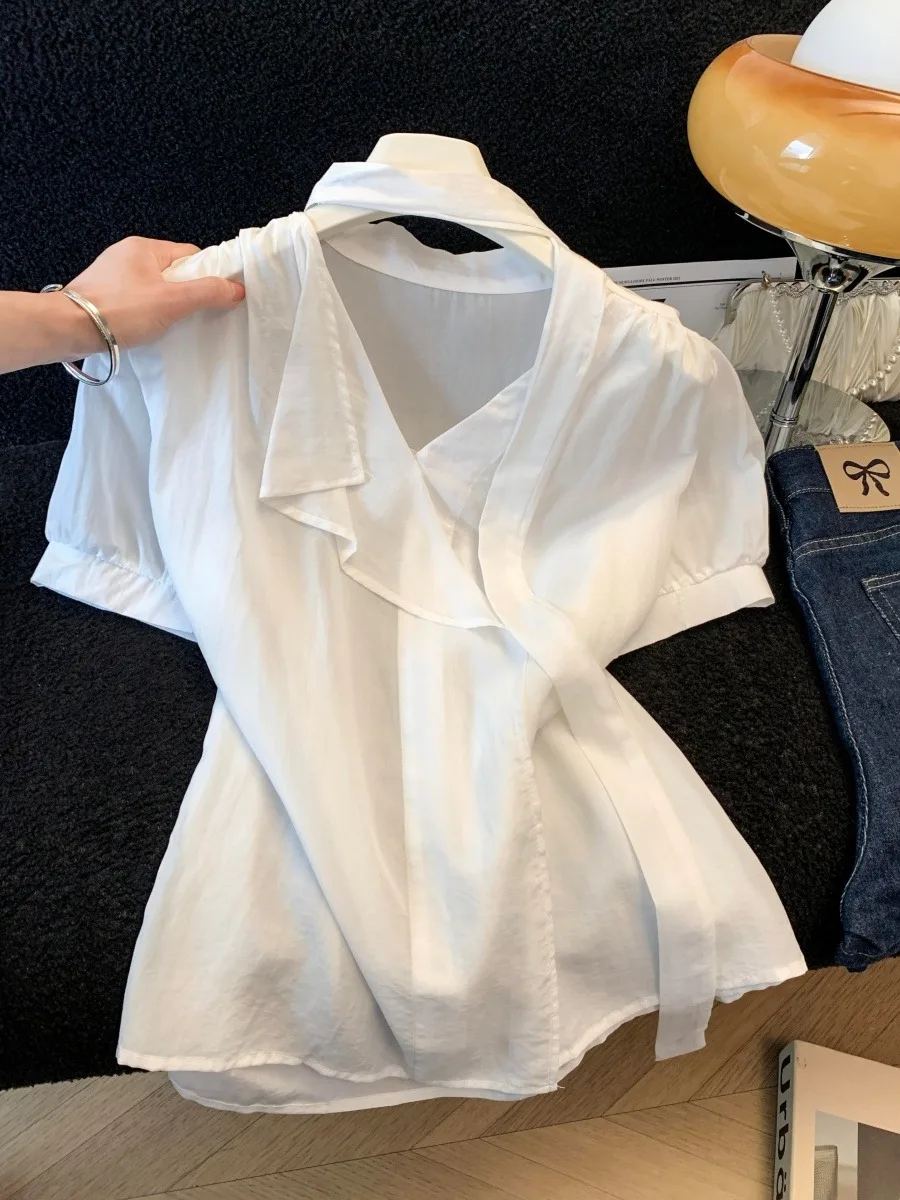 

White V-Neck Short Sleeve Silk Shirt Women's Summer Unique Beautiful Base Layer Top Unique Design Sensation Fashionable Camisole