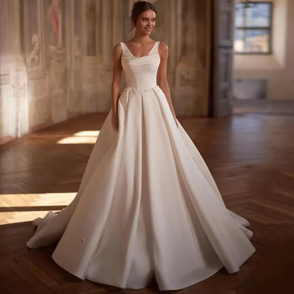 BIGDAY Satin Wedding Dresses Wide Straps Square Neckline Ball Gown  Low Back Bridal Gowns Pearl Beading Bride Dress Sweep Train