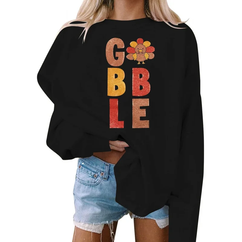 Thanksgiving women's sportswear pullover with letter pattern printed black long sleeved top