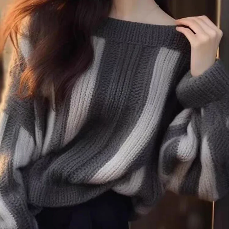 Autumn Winter New Popular Lazy Wind Jumpers Fashion Striped Knitted Sweater Women Vintage Elegant O-neck Long Sleeve Pullovers