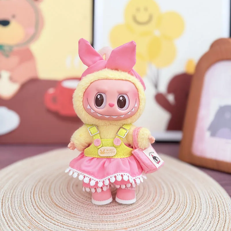 

15/17 Cm LABUBU Doll Clothes 1-3 Gen Summer Leisure Style Pink Bunny Headband Camisole Frilled Yellow Pink Skirt Pink KD Shoes