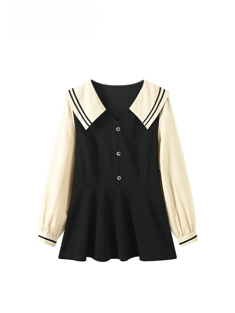 

plus Size Women's irt Long Sve Waist Cinched Doll Collar Top Trendy Sle for Plump Sister Casual Autumn Wear Ladies' Pr...