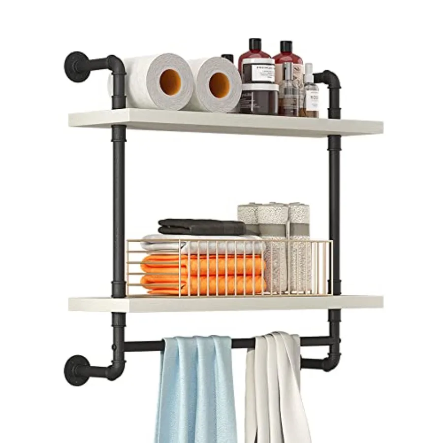 

24inch Industrial Pipe Shelving Bathroom Shelves Wall Mounted with Towel Bar 2 Tier Rustic Wood Floating Shelf Metal Towel Rack