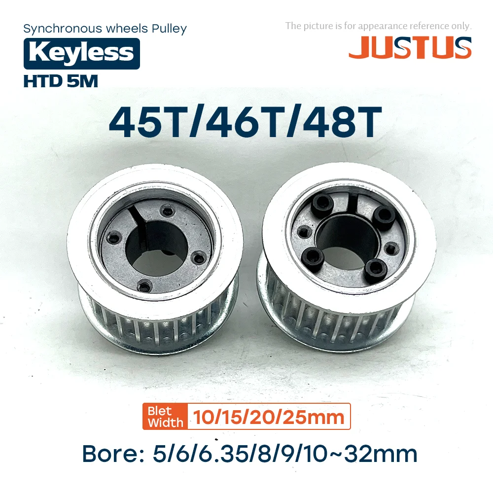 HTD 5M Timing Pulley 45T/46T/48 Teeth Keyless Bushing Bore 5-15mm for Belt Width 10/15/20/25mm - 32mm Diameter