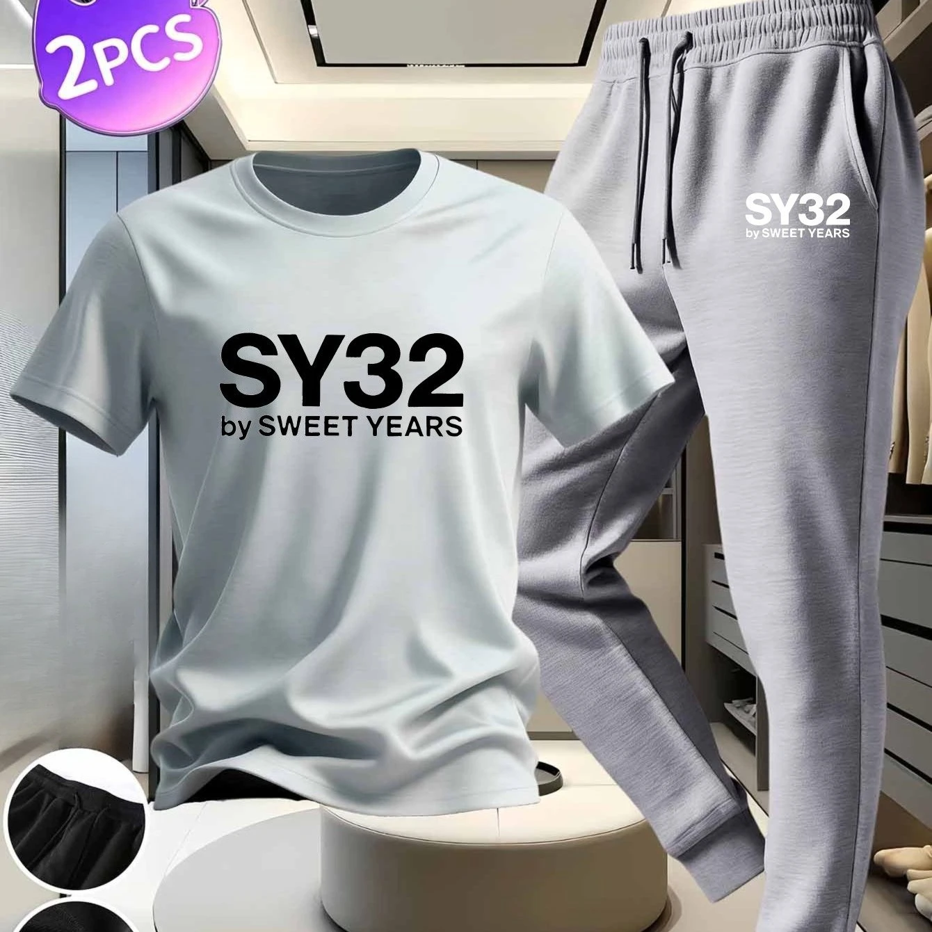 

Men's casual suit pure cotton short-sleeved t-shirt black pants sy32 by floral pattern suitable for daily home wear and exercise