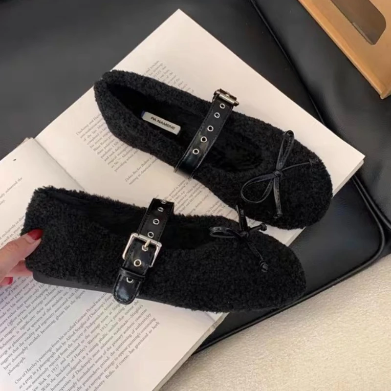

Bow Women Flats Fur Shoes Suede New Fashion Loafers 2025 Trend Winter Short Plush Casual Sport Shoes Cozy Woman Sneakers Zapatos