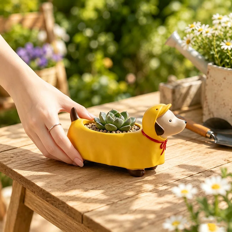 Hooded Dachshund Dog Succulent Planter Resin Animal Flower Pot Mini Plant Pot Desktop Balcony Home Garden Decor Plant Lover Gift