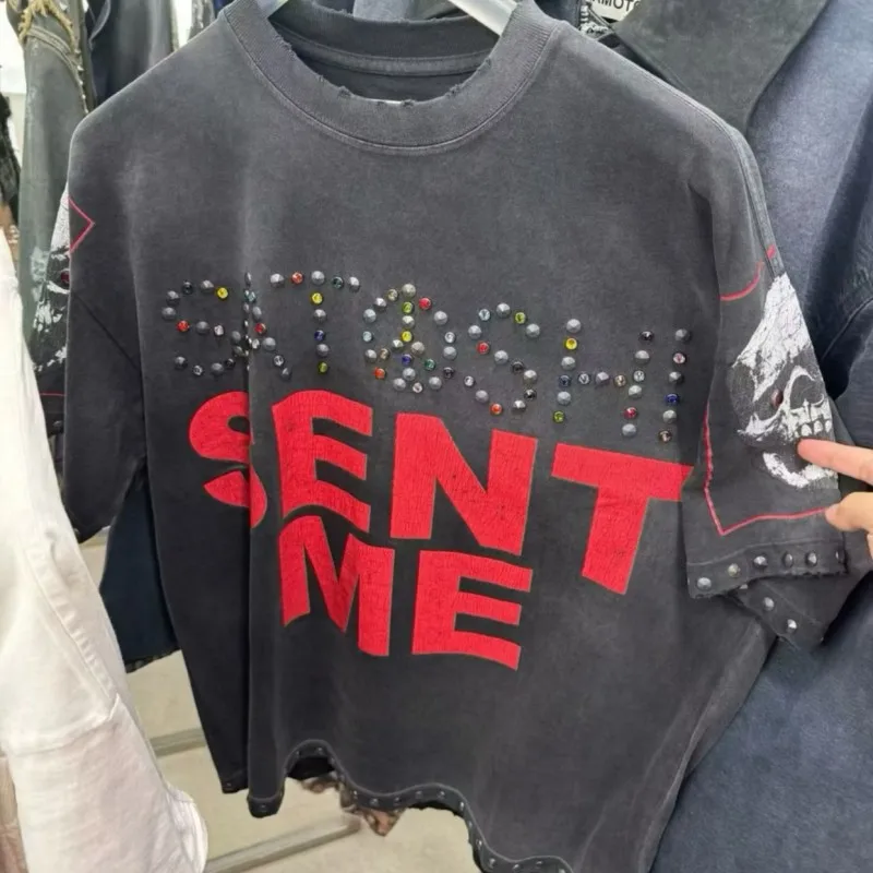 Vintage Washed Worn Sent Me Red Faded Letters Logo Colored Nail Beads Black SATOSHI Tshirts Summer Men Women Short Sleeve Tops