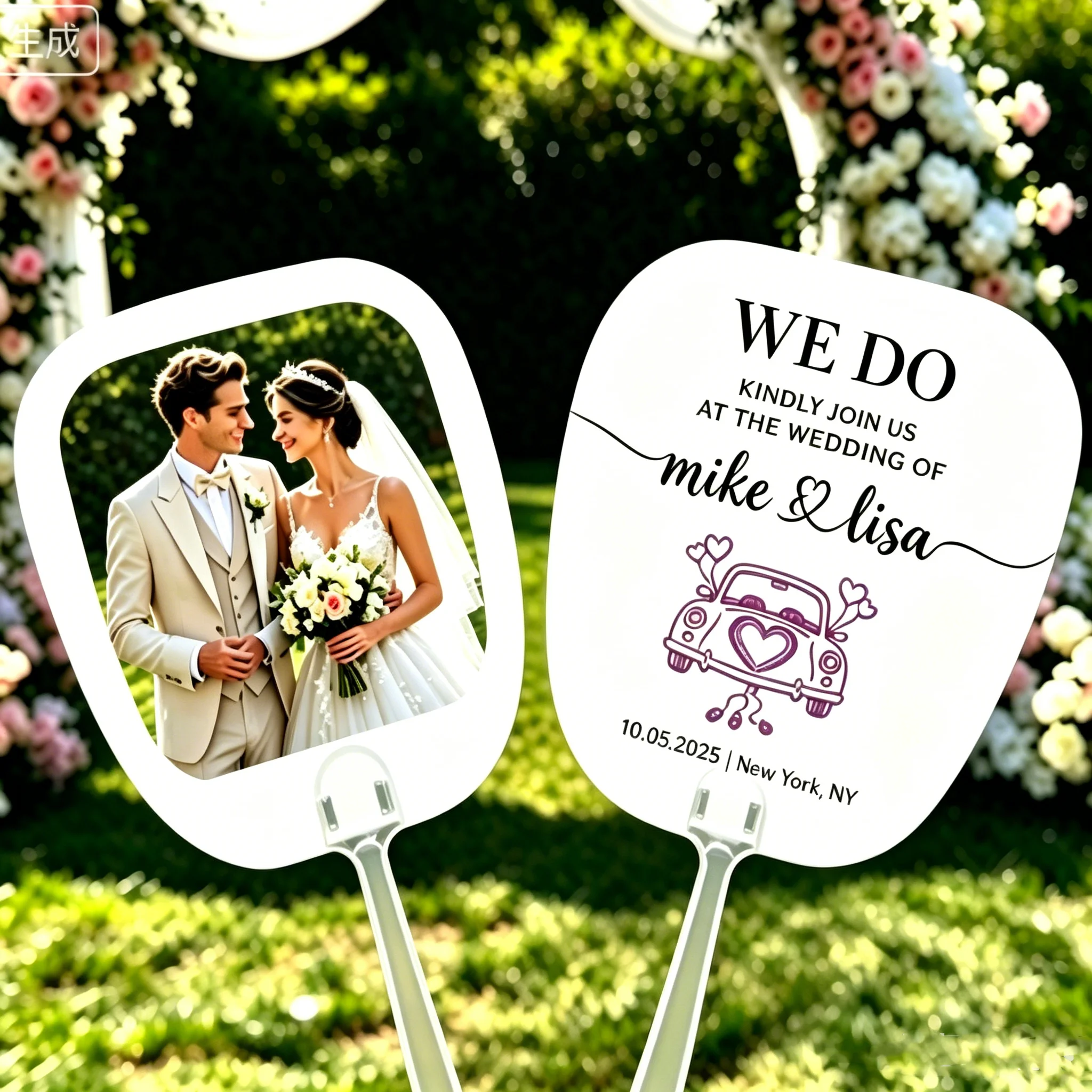 100Pcs Personalized 2-Sides Printing Paper Fans Wedding Program Hand Fans Bridal Shower Paddle Fans Birthday Party Favors