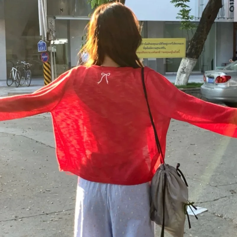 Korean Fashion Cardigan Women Summer Cropped Knitted Outwear Bow Embroidery Design Chic Sun-proof Ice-silk All-match Popular