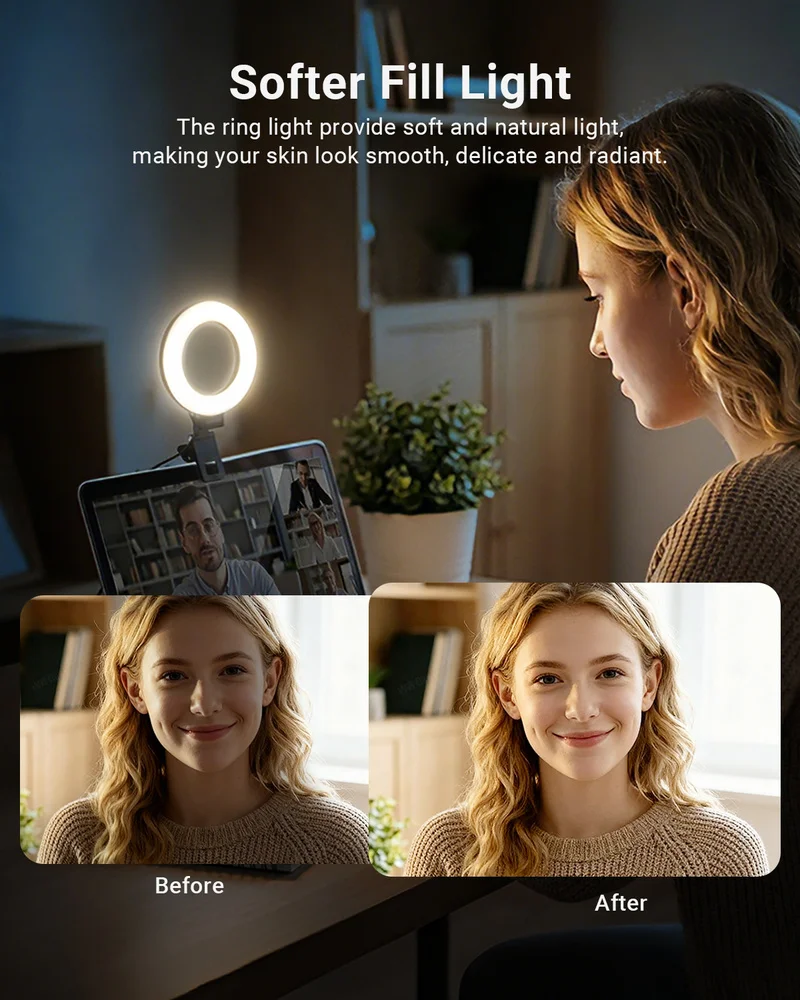 Neewer Br60, Aro de Luz LED USB de 5 Pulgadas con Clip, Luz de Relleno 3000 6000K Cri97, Luz Regulable para Selfies y Transmisiones en Vivo con Mini Trípode