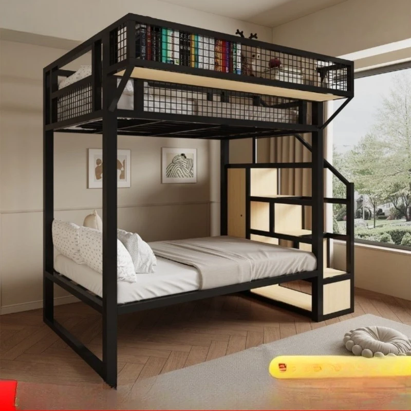Wrought iron elevated bed sheet upper layer lower table space small apartment iron frame bed