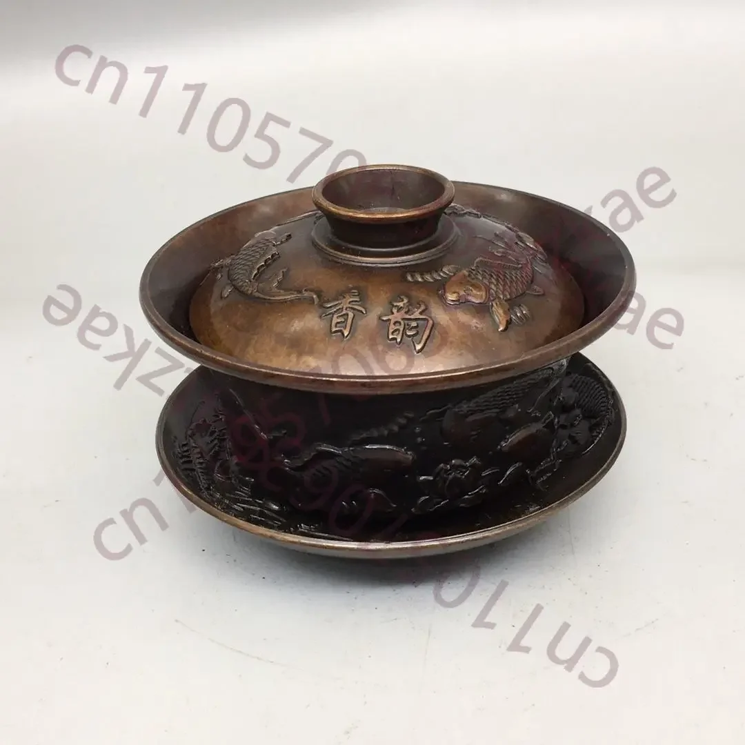 Chinese Folk Collection of copper Three piece set of tea bowls with continuous surplus relief cover bowl