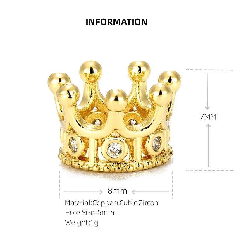 Micro Pave Cubic Zircon Crown Charms para Homens, DIY Spacer Beads, Pulseira Fazer Jóias, Disco de 8mm, Suprimentos Bola Redonda, Atacado, 1Pc