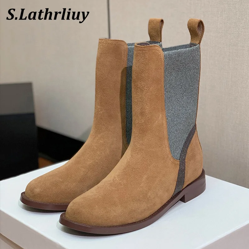 Autumn Winter Patchwork String Bead Elastic Band Short Botas Women's Round Toe Mixed Color Ankle Boots Thick Bottom Riding Boots