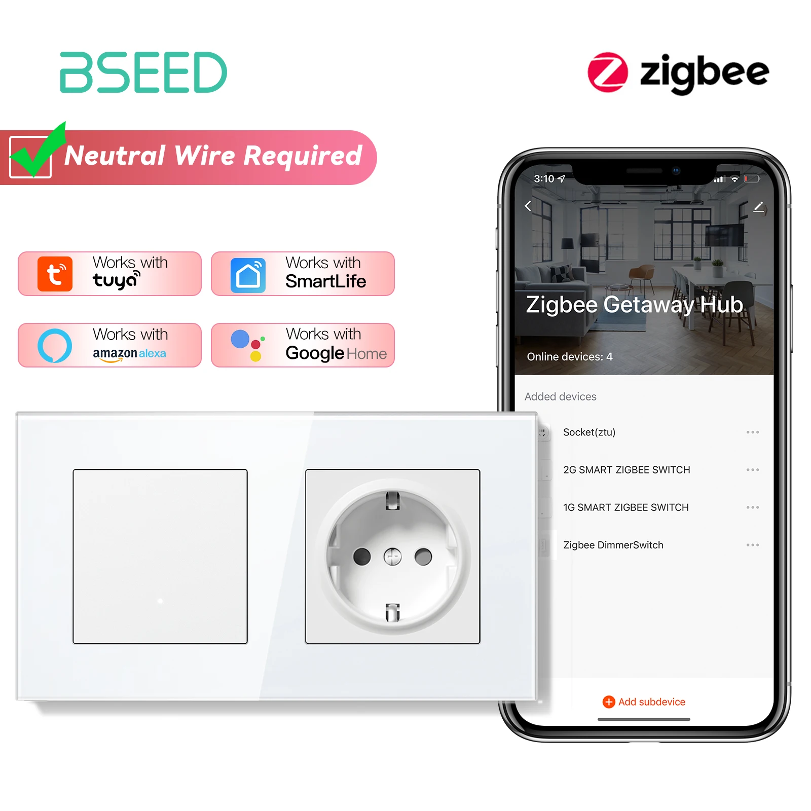 BSEED Zigbee Lichtschakelaar 1/2/3Gang 2Way Smart Click Knopschakelaar Glazen Paneel Witte LED Indicator Tuya Smart Leven Alexa Controle