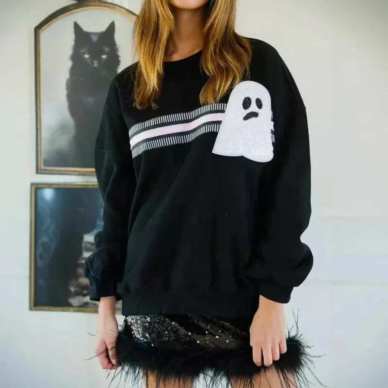 

2024 New Women's Clothing Halloween Element Sequined Sweatshirt Long Sleeved Sweet Loose Casual Top For Women Holiday Gifts