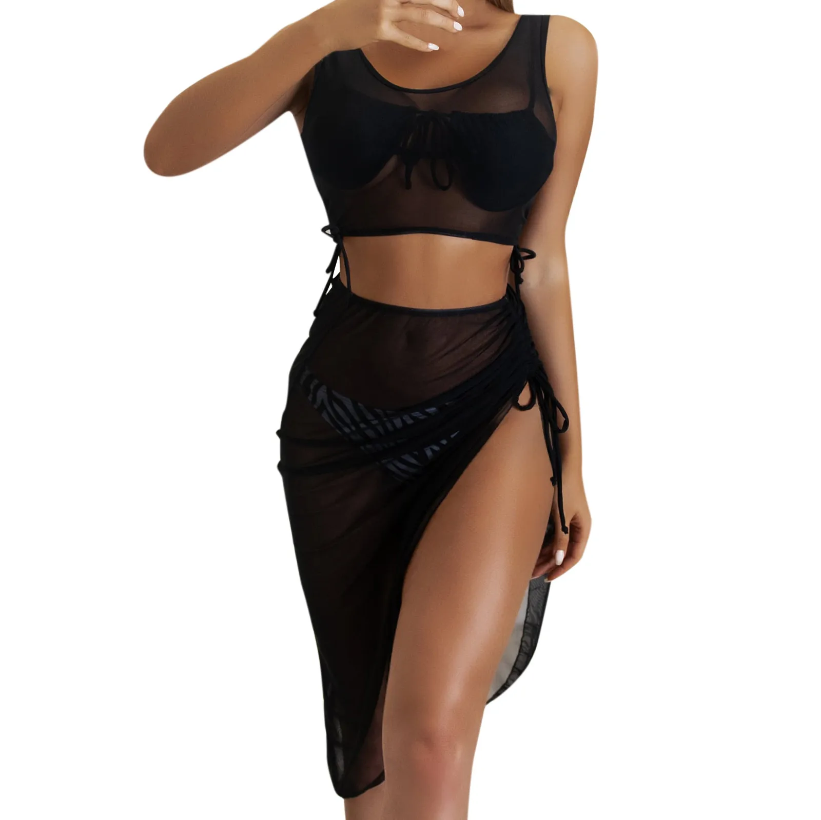 Twee Delige Set Vrouwen Zomer Bikini Cover Up Beach Tank Jurk Set Sexy Mouwloos Mesh Transparante Top Rok Vakantie Strand dragen