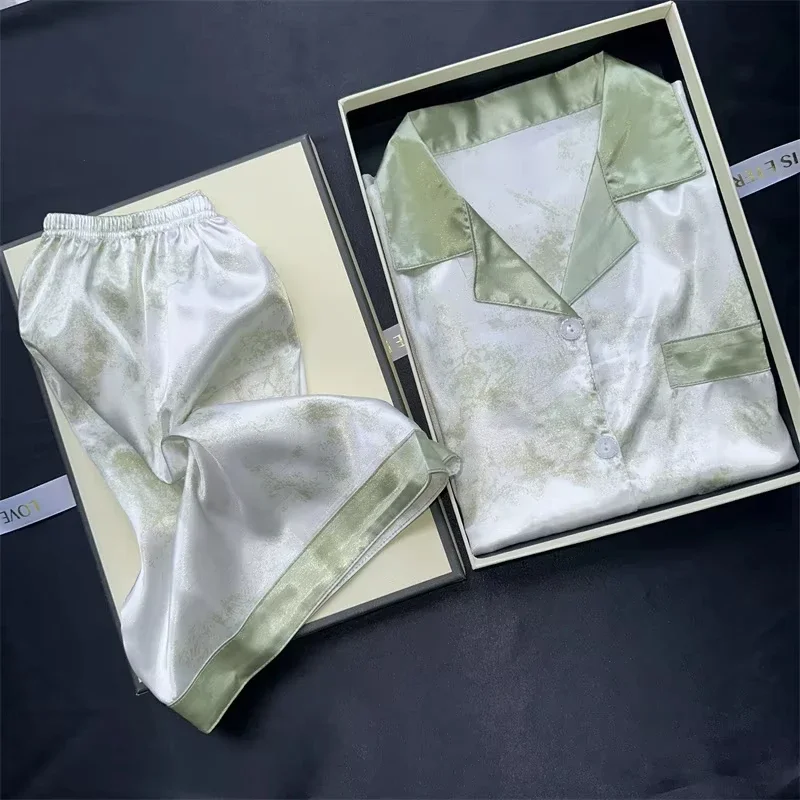 2 قطع طباعة ملابس خاصة فو الحرير الساتان ملابس النوم منامة موضة عادية بيجامة المرأة السراويل منامة مجموعة الحبر اللوحة وتتسابق