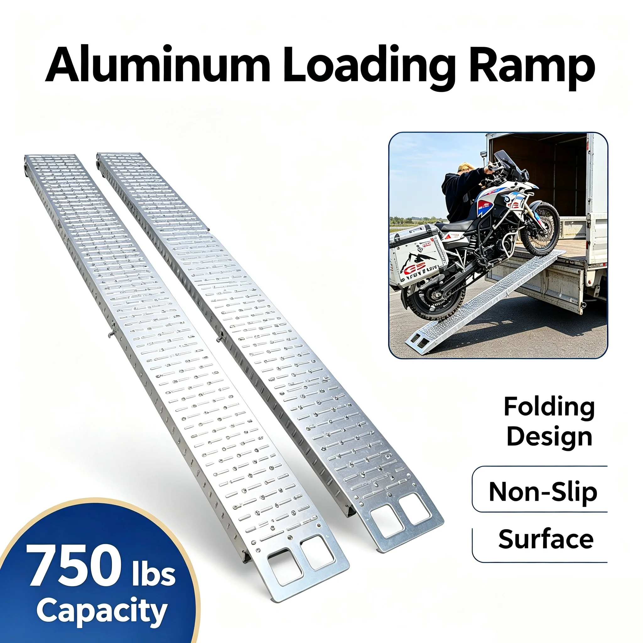 Aluminum Folding Loading Ramp, 750 lbs Capacity, Loading Ladder for ATV, Motorcycle, Lawn Mower, Pickup Truck Trailer