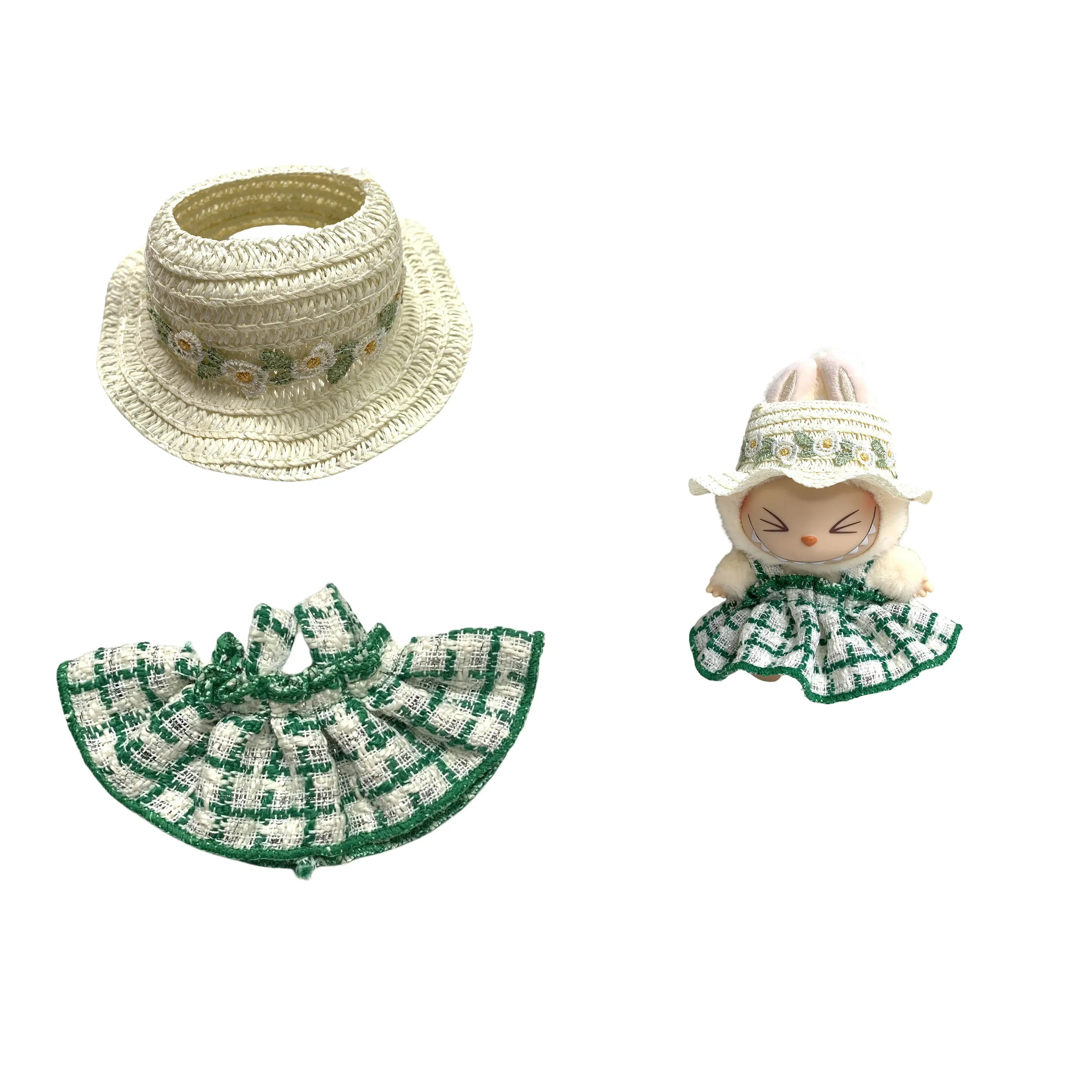 Kleding voor Labubu Mini Doll'S Kleding Outfit Accessoires Groene jurk hoed schoenen Kleding