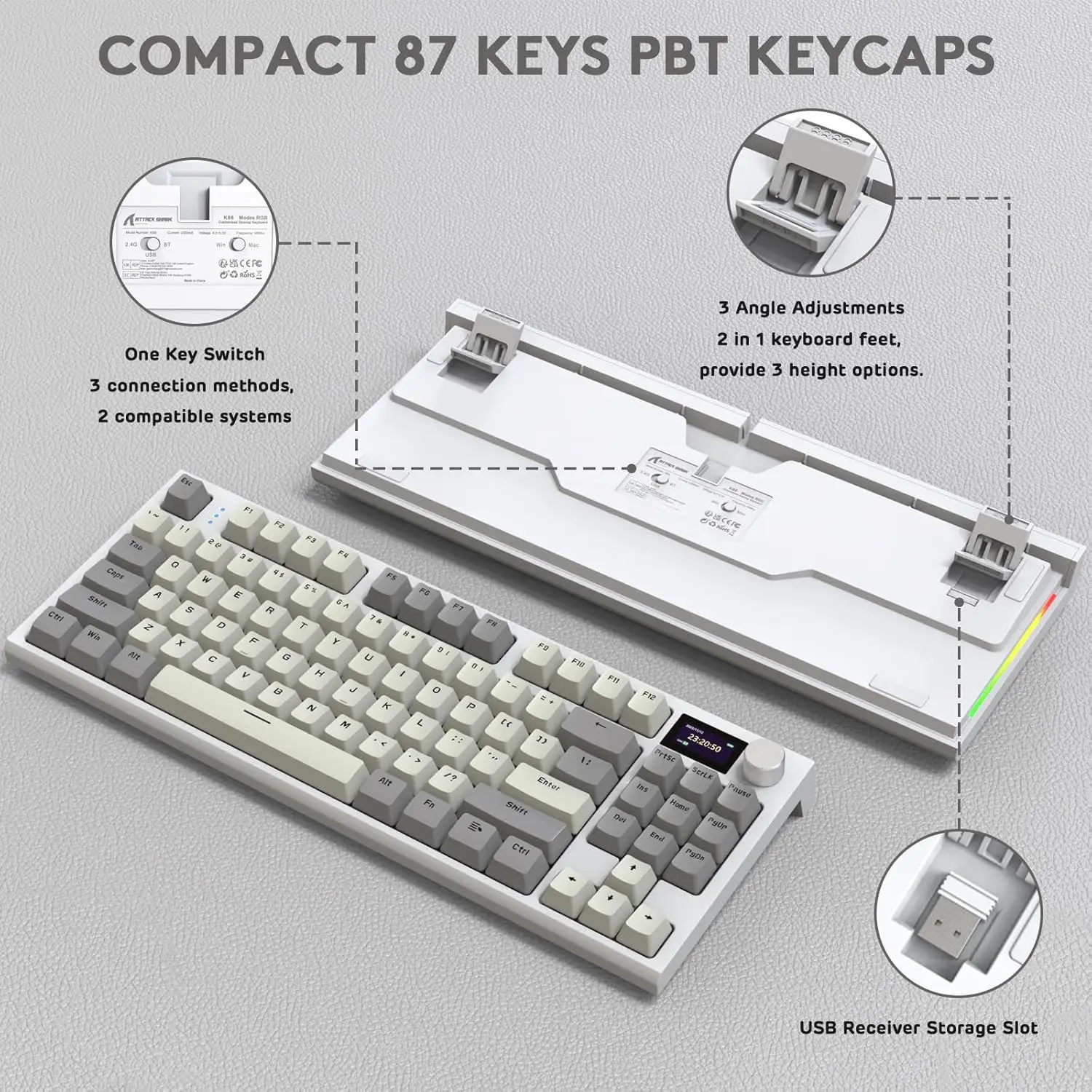 لوحة مفاتيح ميكانيكية لاسلكية ATTACK SHARK K86، شاشة عرض ملونة TFT ذكية وتصميم مقبض، حامل حشية، أغطية مفاتيح PBT، إضاءة خلفية RGB