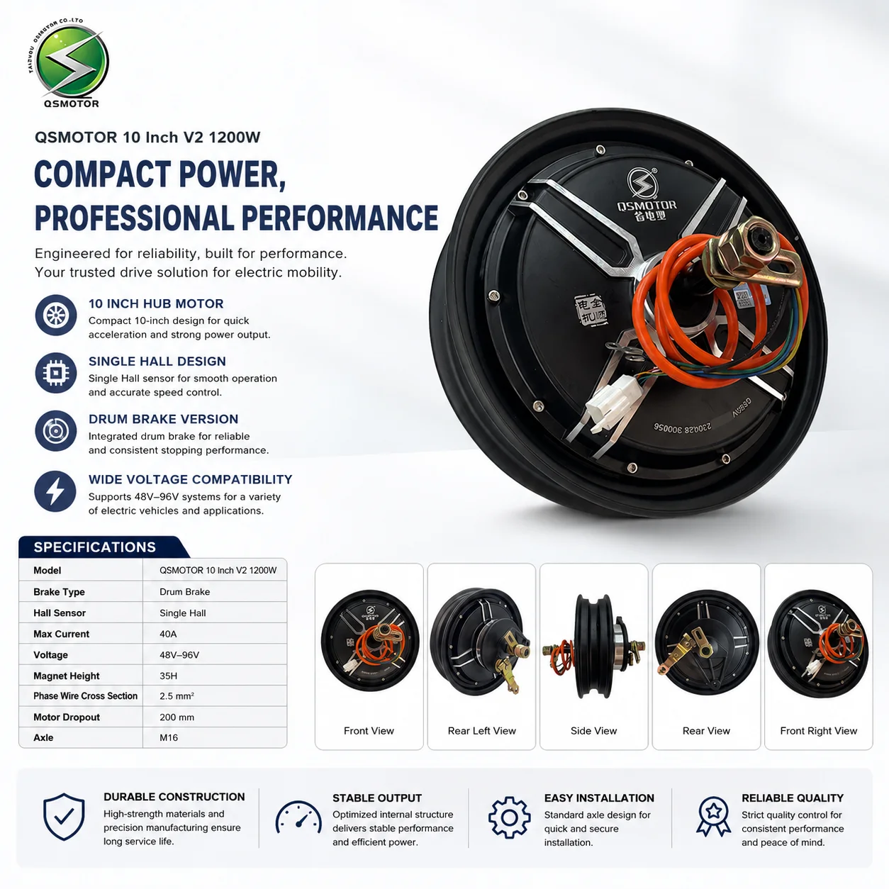 QSMOTOR 10 Inch V2 1200W 35H 96V Brushless DC Permanent Magnet Drum Brake Motor Suitable For Electric Bicycles And Motorcycles
