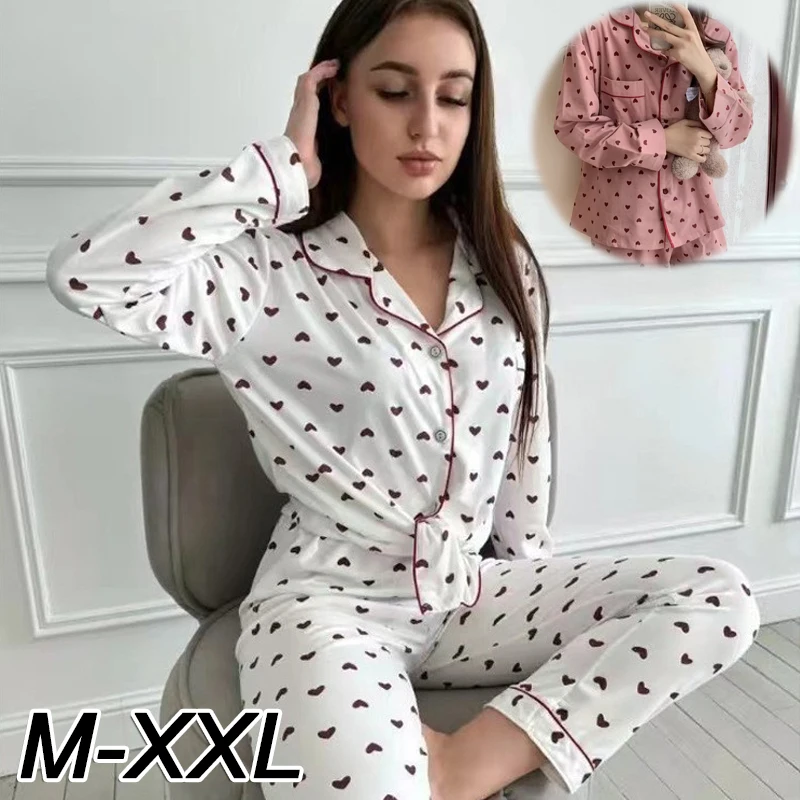 M-XXL Large Size Nightwear Women Sleepwear Autumn and Winter Cardigan Home Wear Peach Heart Long Sleeves School Silk Pajamas