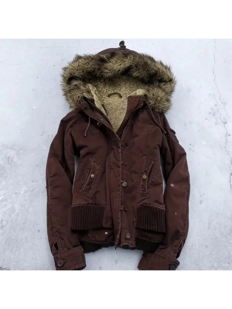 Y2K Pelzgefütterte Bomberjacke American Vintage Damen Brauner Kapuzenmantel mit Kunstpelzbesatz und gerippten Bündchen Modisch und lässig