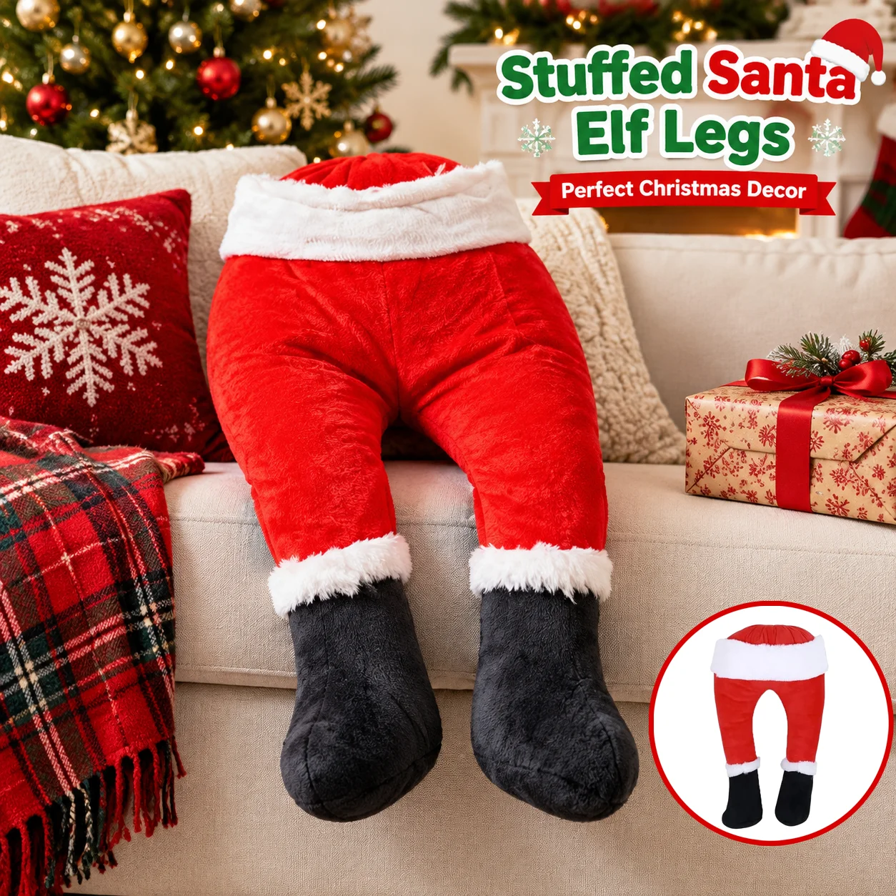 Plush Santa Elf Legs Christmas Tree Hanging Ornament Funny Stuffed Leg Decor for Xmas Tree Door Fireplace Holiday Decor