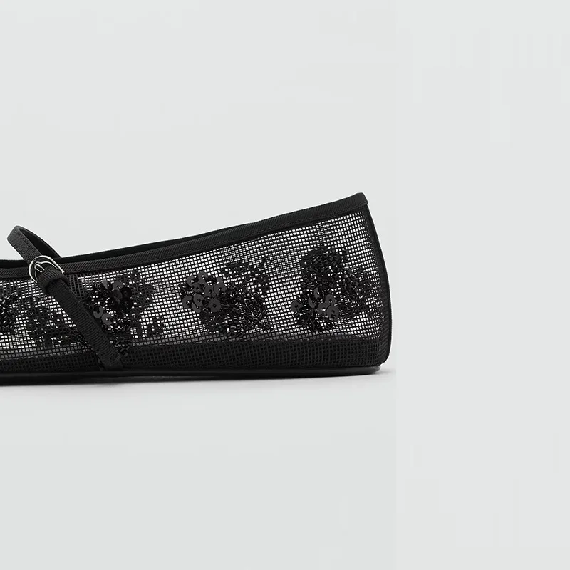 حذاء ماري جين المسطح الجديد للسيدات بمقدمة مستديرة من قطعة واحدة بأزرار من ماري جين مع ترتر وشريط من القماش الشبكي #3