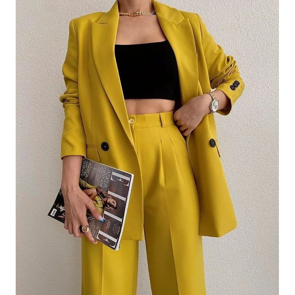 

Simple Double Breasted Peaked Lapel Woman Suits 2 Pieces Blazer+Pants Set Wedding Formal Party Sets Office Lady Shopping Sets