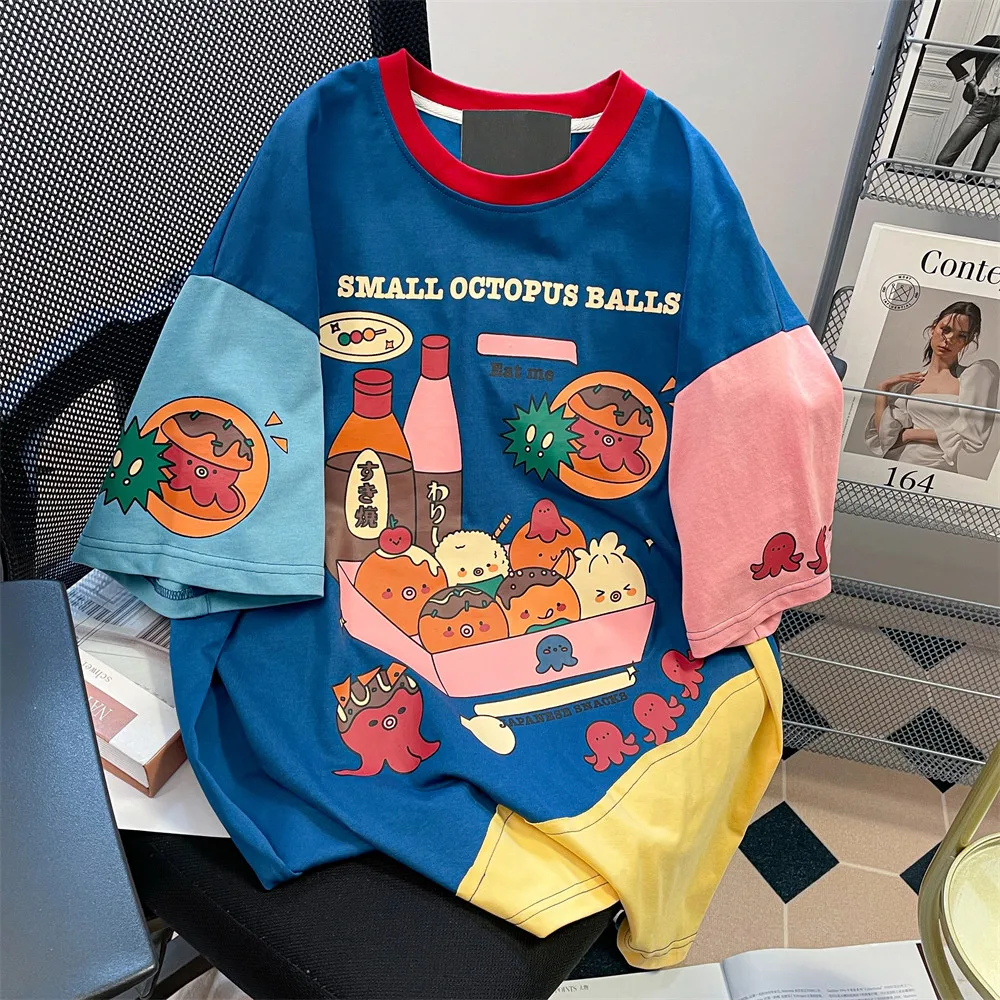 Color Blocking Splicing Short Sleeved T-Shirt American Style Cartoon Print Loose Fashionable Retro Top Summer Women's Clothing