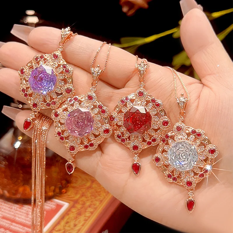 

Vintage Rose Gold Color Pendant Necklace with Multi-Color Cubic Zirconia Geometric Floral Design Statement Jewelry for Women