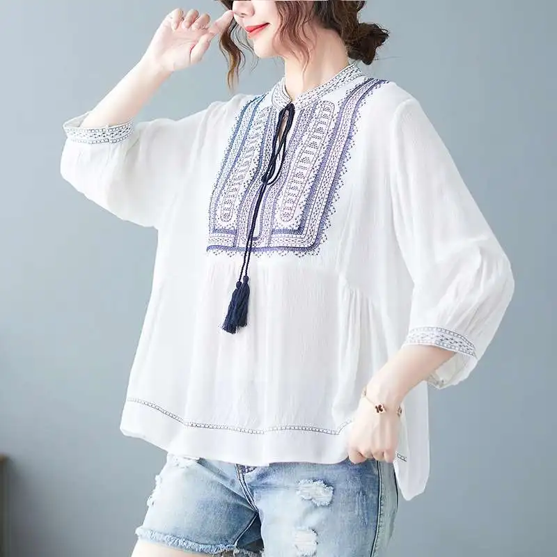 Femmes lin irt broderie ample rétro coton v-ne ort Sve Vintage Design littéraire printemps Faion haut pour femme